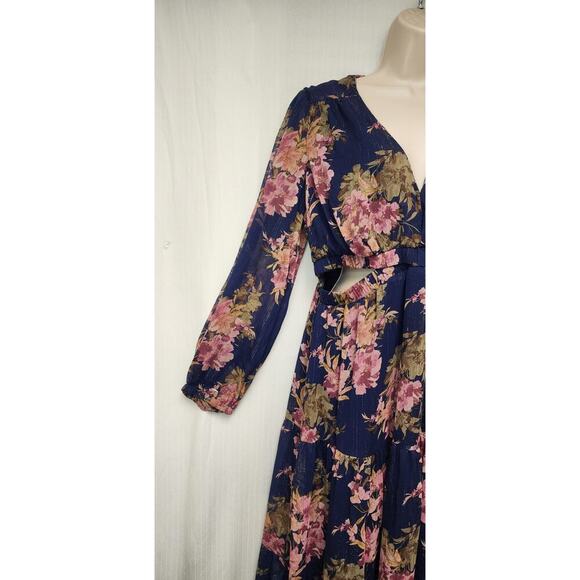 Sofia Jean Cutout Midi Floral Bouquet Balloon Sleeve V-Neck Blue Dress Size L - Picture 6 of 14